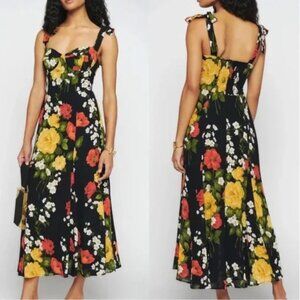 NEW, REFORMATION Nadira Floral-print Georgette Midi Dress in Black Size 8 #RF197
